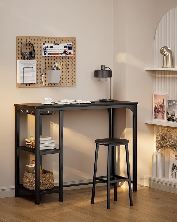 Small Bar Table Set for 2, Bar Table and Chairs Set for 2, Kitchen Table for 2 with 2 Storage Shelves & Wine Glass Holder, Dining Table for Small Apartment, Dining Room, Black