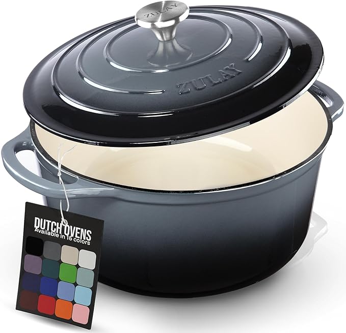 Zulay Kitchen 6 Quart Enameled Cast Iron Dutch Oven Pot with Lid – Premium Durability & Oven Safe up to 500°F – Heavy Duty Cookware Perfect for Bread Baking, Stews, Braising & Roasting – Gray