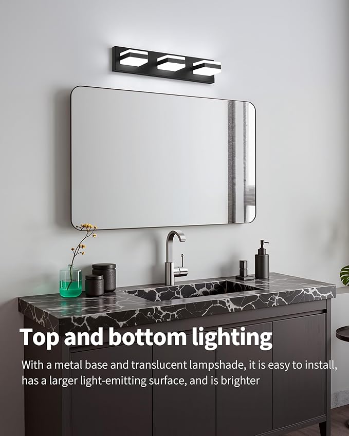 Bathroom Lighting Fixtures Over Mirror, 3 Light Bathroom Vanity Light Fixtures with Cool White 5000K, Matte Black LED Modern Vanity Wall Lights for Bath, Dressing Room, Restroom, 21.6 inch