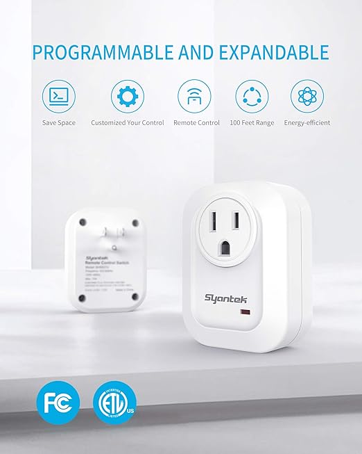 Upgraded Remote Control Outlet Wireless Light Switch for Household Appliances, Expandable Remote Light Switch Kit, Up to 100 ft Range, FCC Certified, ETL Listed, White (5 Outlets + 2 Remotes)