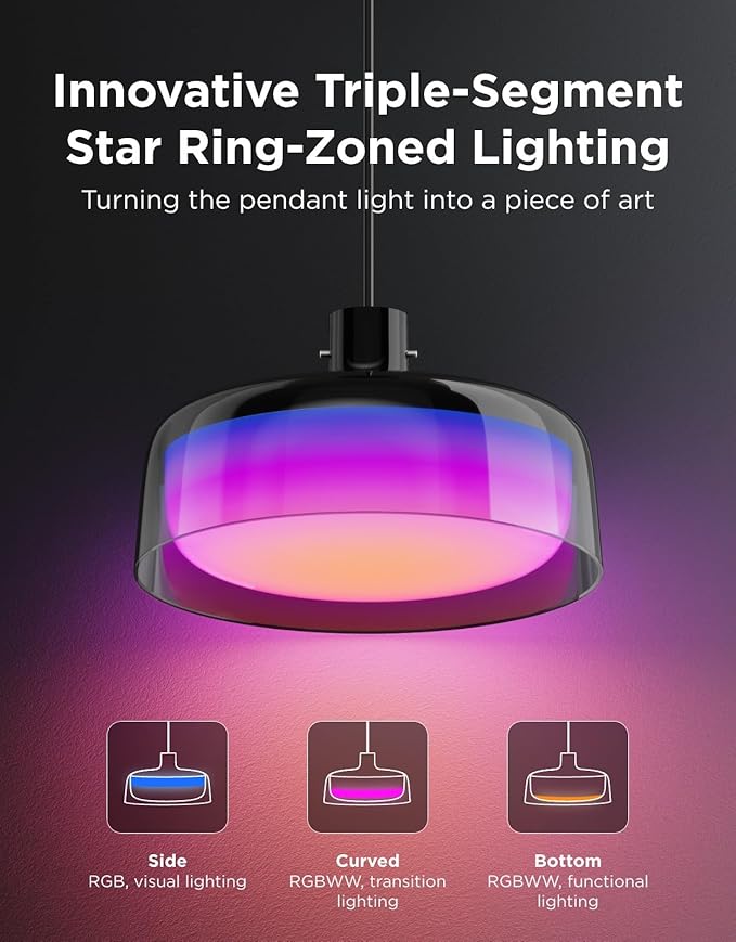 Govee Pendant Light for Kitchen Island, Three-Layer RGBIC Smart Lighting, Matter Compatible, 1300LM 2700K-6500K Dimmable Black Hanging Light Fixture Works with Alexa, Adjustable Height for Dining Room