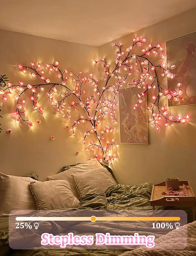 5.25 FT 72 LED Cherry Blossom Tree Branch Lights for Wall,8 Modes Artificial Pink Cherry Blossom Garland with Remote and Timer,Willow Vine Lights for Bedroom,Sakura Wall Decor