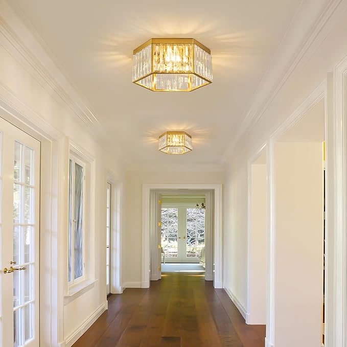 SGLfarmty 13.7 Inch Brass Flush Mount Ceiling Light, 3-Light Modern Ceiling Lights Fixture with Hexagon Crystals, Luxury Gold Ceiling Lamp for Bedroom Dining Room Entryway Hallway