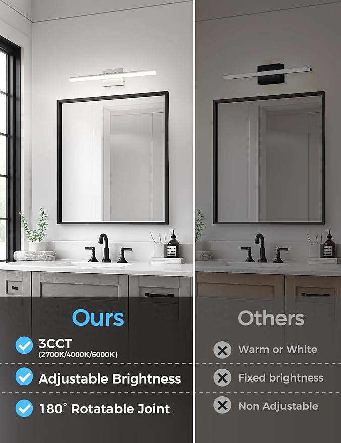 L LOHAS LED 23.6-Inch Bathroom Vanity Light Bar Over Mirror, Brushed Nickel Modern Bathroom Light Fixtures, 3CCT Adjustable LED Vanity Lights for Living Room Wall