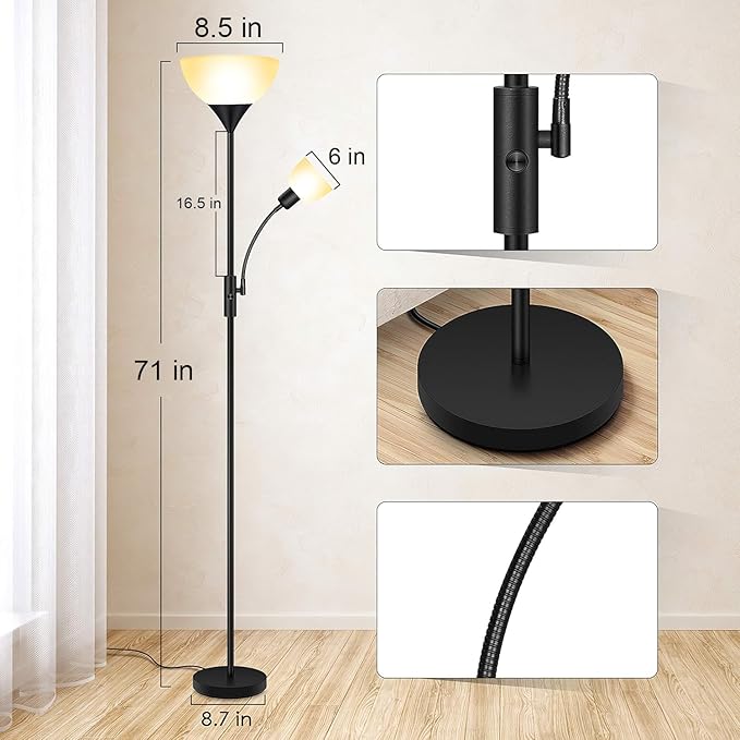 Floor Lamp, Standing Lamp, Torchiere Floor Lamp with Adjustable Reading Lamp, 71" Tall Pole Lamps, 3 Way Switch, Plastic Lampshade, Corner Floor Lamps for Living Room, Bedroom(E26 Base, No Bulb)-Black