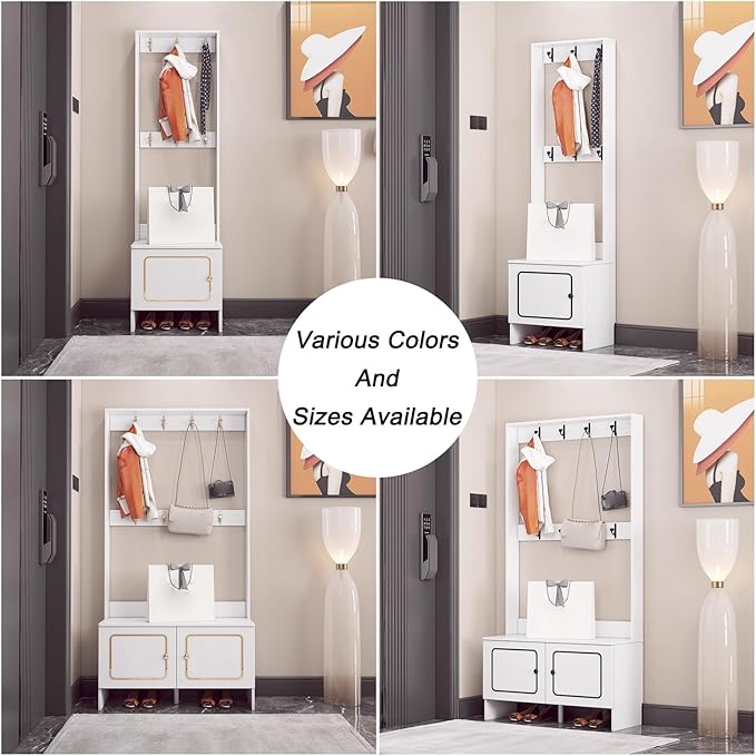 Modern Coat Rack Shoe Bench, 3 In 1 Multifunctional Entryway Organizer with Bench, Shoe Storage and Coat Rack, Entryway Organizer for Small Spaces(White,50cm/20in)