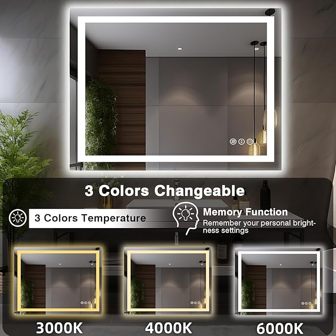 44"x36" LED Light Mirror for Bathroom (Front and Backlit), Anti-Fog Bathroom Vanity Mirror, Stepless Dimmable Lighted Mirror, Tempered Glass, Memory (Horizontal/Vertical)