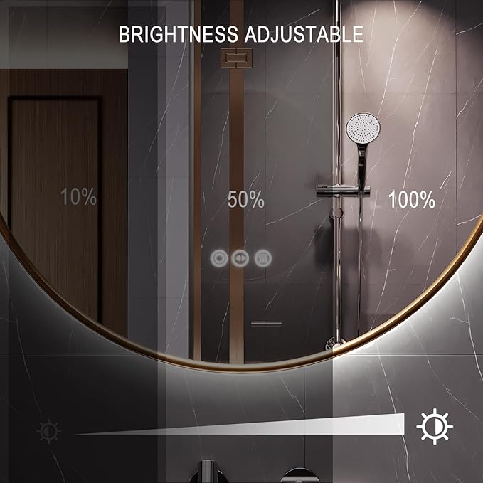 Round Bathroom Mirror with Lights, 28x28 Inch Vanity Mirror with Backlit, Anti-Fog, 3 Colors and Stepless Dimmable Wall Mounted Makeup Mirror with Metal Frame (Gold)