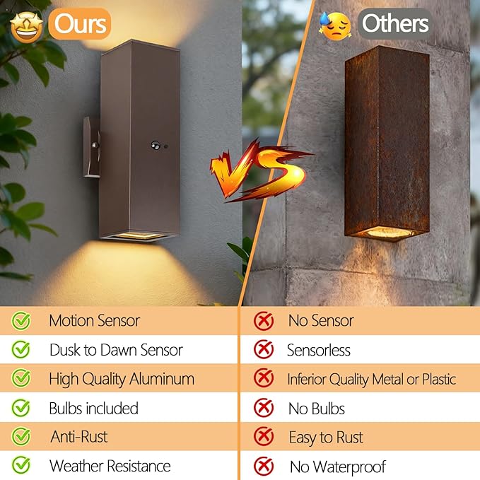 wowlite Motion Sensor Porch Light 2 Pack, Outdoor Lights for House Dawn to Dusk Outdoor Light Fixture, Up and Down Waterproof Modern Exterior Lighting Fixtures for Front Door Garage Yard, ETL Listed