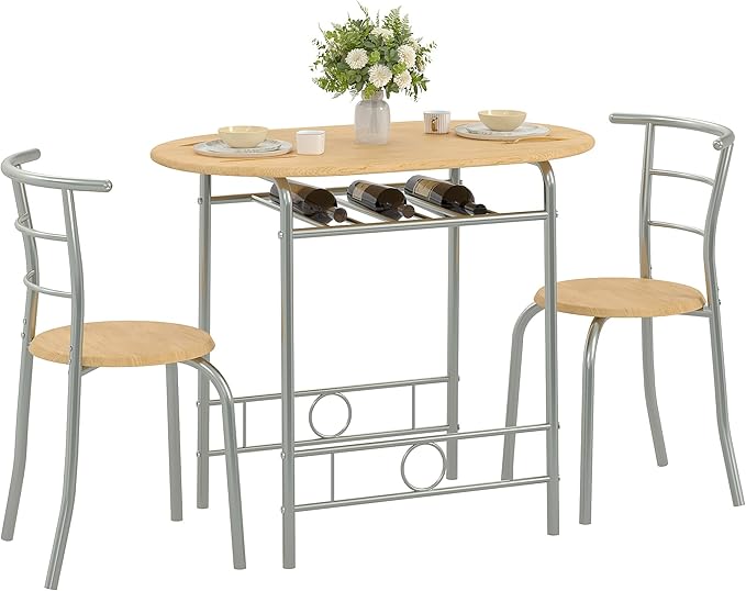 VECELO 3-Piece Dining Table Set for Kitchen Breakfast Nook, Wood Grain Oval Tabletop and Metal Frame with Built-in Wine Rack, for Small Spaces, Natural & Silver