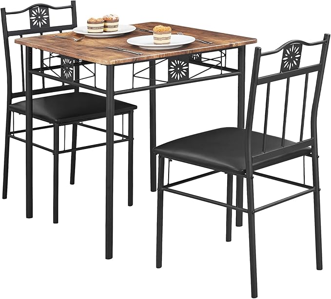 VECELO 3-Piece Small Kitchen Dining Table Set for 2, PU Padded Chairs, Retro Brown