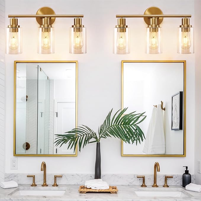 DLLT 3-Light Bathroom Light Fixtures: Gold Modern Vanity Wall Lights with E26 Bulbs - Clear Glass Shade Bathroom Wall Lamp for Mirror Kitchen Living Room Hallway Cabinet Porch