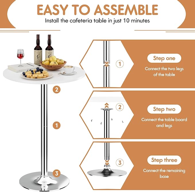 Shahoo Round Bar Table, Cocktail Tables with Metal Base & MDF Top, for Bistro Pub, Cafe, Silver and White
