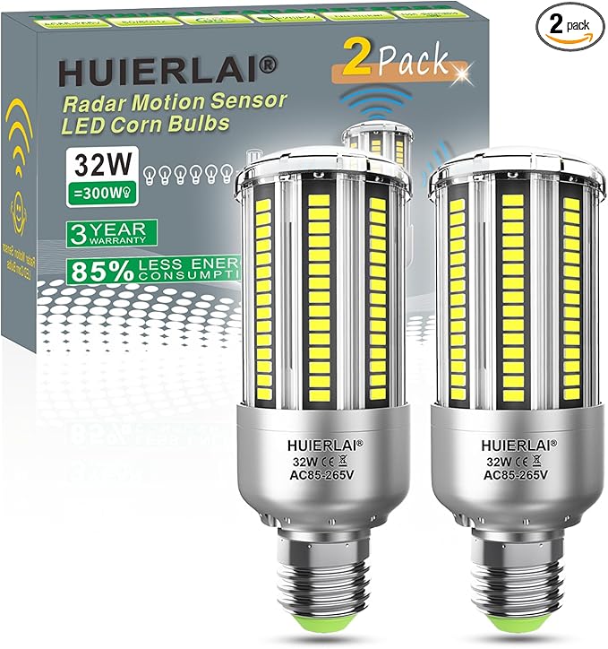 Radar Motion Sensor LED Light Bulbs, 32W Daylight White 6000K 4000LM (300W Equivalent) Auto Motion Detector Activated Dusk to Dawn Light for Stairway, Hallway, Porch, Garage, Driveway, Patio, 2 Pack