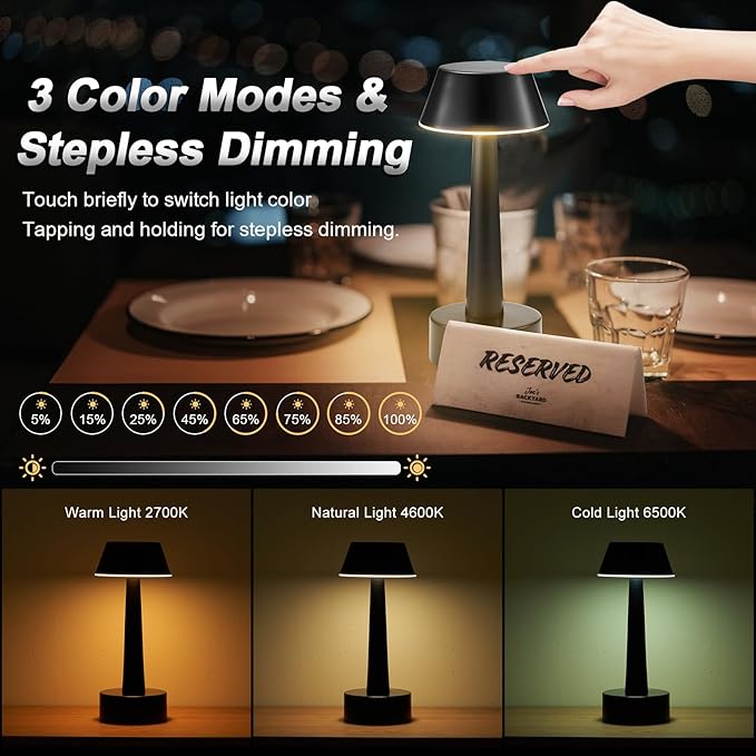 2 Pack Small Cordless Table Lamp, Battery Operated Black Lamp for Restaurant Dinner Table, Rechargeable 3-Way Dimmable Touch Light Portable Metal Night Light for Bedside Dining Room Patio Bar Outdoor