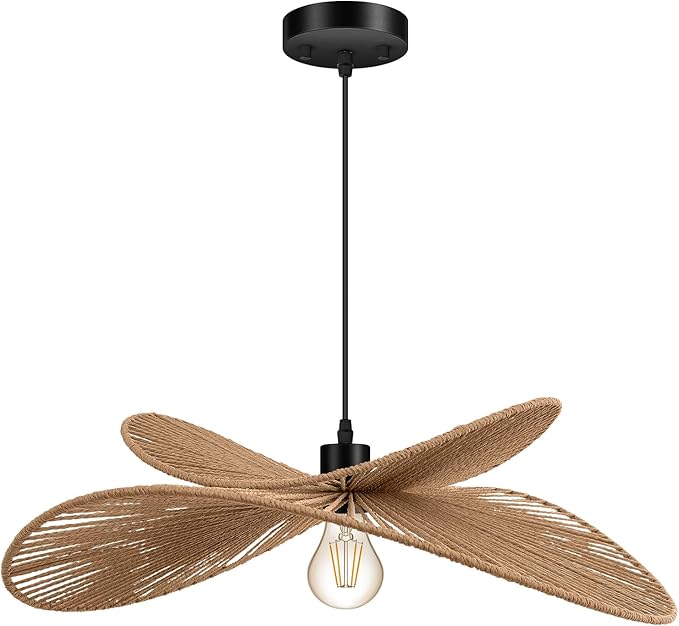 BoostArea Rattan Boho Chandelier Light Fixture,17.4" Hand Woven Wicker Pendant Light, Coastal Hanging Pendant Light for Kitchen Island Bedroom Living Room(Bulb not Included)
