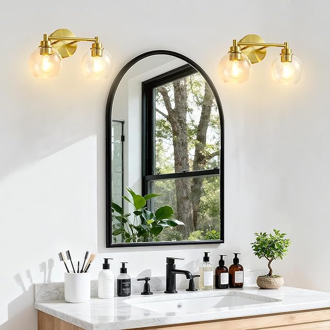 Gold Bathroom Vanity Lights, 2-Light Wall Sconce with Glass Globe Shade, Vanity Lighting for Bathroom/Bedroom/Dressing Room, Vertical/Horizontal Mounted, E26 Bulb Base (Bulb Not Included)