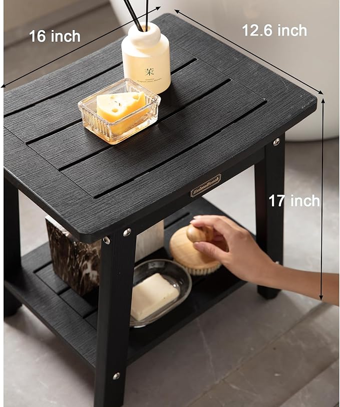 HDPS Shower Stool Waterproof, Bench Seat for Shaving Legs, Plastic Chair for Inside Shower, Foot Rest With Adjustable Feet, Non-Slip/No Maintenance, Black