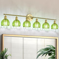 Vintage Bathroom Light Fixtures,6-Light Hardwired Vanity Lights with Green Tulip Glass Shade,Gold Bathroom Vanity Light for Mirror Restroom,E26 Socket,40.55 in(Bulbs Not Included)