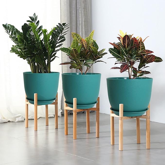 WOUSIWER Plant Pots 10/9/8 inch, Set of 3 Modern Decorative Plastic Planters with Drainage Holes and Saucers for House Plants Indoor Flowers Plants, Blue
