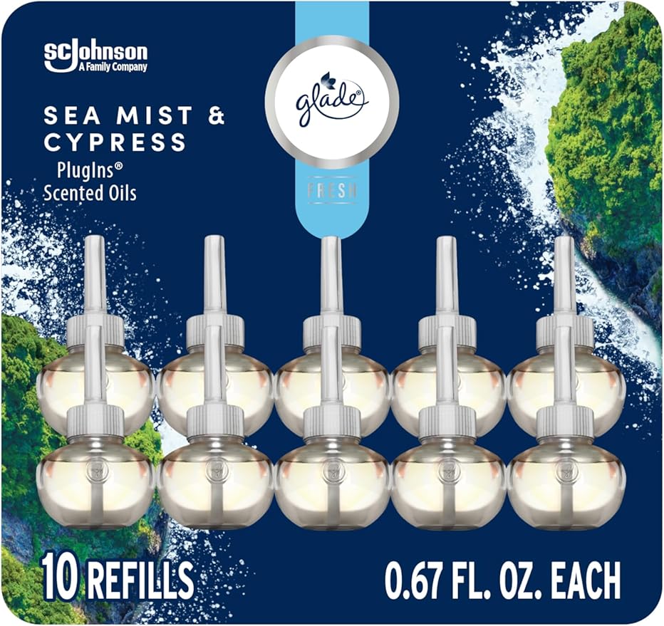 Glade PlugIns Refills Air Freshener, Sea Mist & Cypress, Scented and Essential Oils for Home and Bathroom, 0.67 Fl Oz, 10 Count