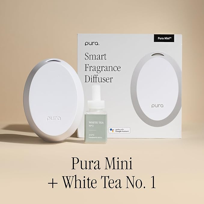 Pura Mini Smart Fragrance Diffuser for Small Spaces Adjustable Smart Home Device with LED Light & Automatic Vial Detection - Includes 1 Scent Refill; White Tea no.1