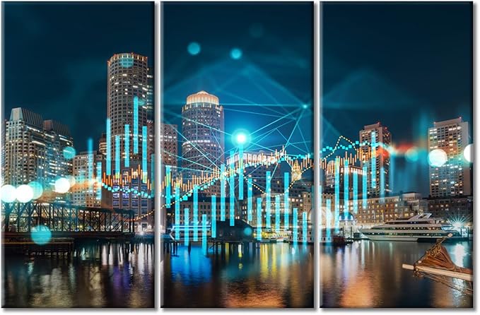TUMOVO Forex Graph Hologram Canvas Paintings Bedroom Canvas Wall Art 3 Panel Downtown View Boston Skyline Buildings Pictures Wall Art for Living Room Ready to Hang (42" Wx28 H)