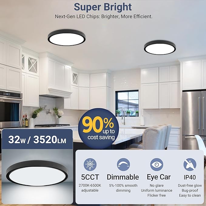 6PACK 32W 3520LM LED Flush Mount Ceiling Light Fixture, 15.8 Inch 2700K 3500K 4000K 5000K 6500K Selectable, Ultra-Thin Flat Ceiling Lamp for Kitchen Bedroom Laundry Hallway, Black