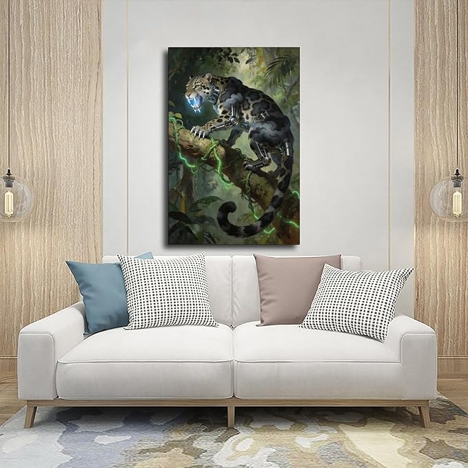 Framed Steampunk Mechanical Leopard Wall Art - Jungle Futuristic Beast Poster for Man Cave Living Room Decor 08x12inch(20x30cm)