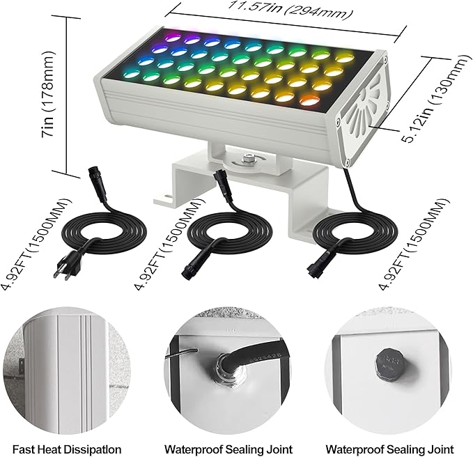 Party Lights Outdoor Smart Flood Light, 180W RGBCW Color Changing LED, 2700–6500K Tunable White, WiFi App & Voice Control, 50 Scenes, 1–100% Dimmable, IP65 Linkable Wall Washer Lights