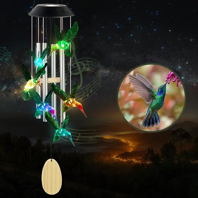 Hummingbird Decorative Mobiles Gifts, Solar Hummingbird Wind Chimes, Gifts for Mom, Women, Grandma, Garden Courtyard Lawn Decor, Gift for Christmas and New Year