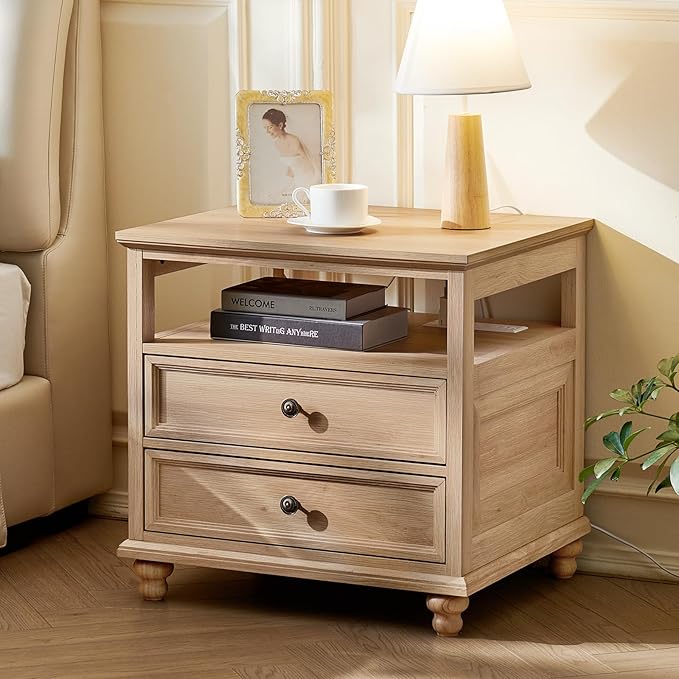 Farmhouse Nightstand with Charging Station, 24" Wide End Table with 2 Drawers, Natural Dresser for Bedroom, Bed Side Table Chest of Drawers Cabinet,Wood Night Stand for Living Room, Closet