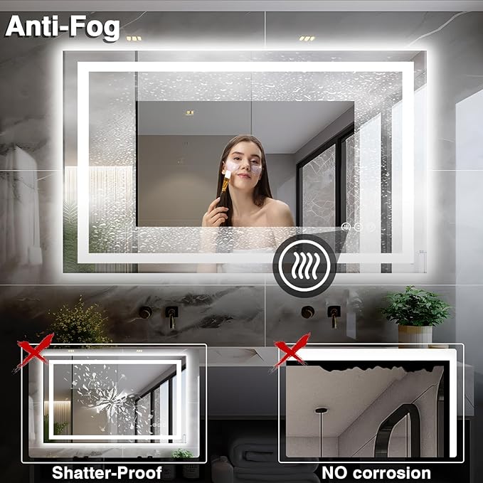 48"x30" LED Bathroom Mirror with Front & Backlit, Anti-Fog, Dimmable, Plugin/Hardwired, Shatterproof & Corrosion Proof, Wall Mount, Modern Style