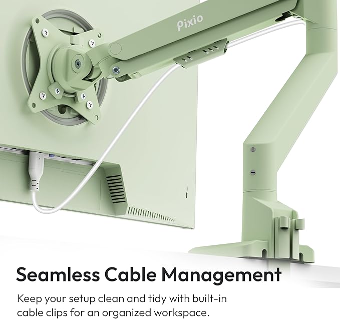 Pixio PS1S Wave Mint Green Single Monitor Arm Stand Desk Mount - Fits up to 32 inches Monitors and up to 19.8lbs. VESA Compatibility and Integrated Cable Management