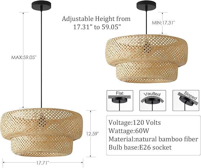 Bamboo Pendant Light Boho Rattan Hanging Light 17.7" Hand Woven Wicker Chandelier for Kitchen Island for Kitchen Island Dining Bedroom Living Room Restaurants