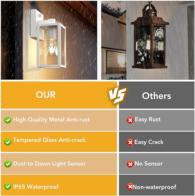 PARTPHONER Dusk to Dawn Outdoor Light Fixtures, 2-Pack Sensor Porch Lights, Waterproof Exterior Wall Sconce Lighting Lamp, Waterproof Wall Lantern for House, Doorway, Garage (White)