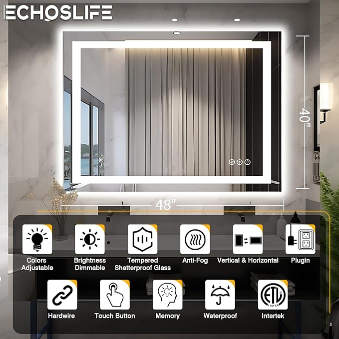 48"x40" LED Lighted Bathroom Mirror with Front Light and Backlit, Anti-Fog Bathroom Mirror with Lights, Stepless Dimmable LED Mirror, 3 Colors Smart Mirror (Horizontal/Vertical)
