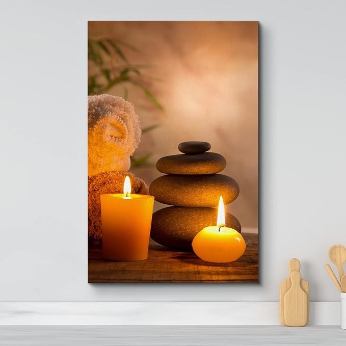 wall26 Canvas Print Wall Art Massage Stones with Atmospheric Candles Floral Nature Photography Realism Zen Scenic Relax/Calm Multicolor for Living Room, Bedroom, Bathroom, Office - 12"x18"