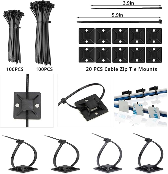 ELII 300PCS Cable Management Kit,4 Cable Sleeve 35 Cable Clips with 11Cord Holders,20 Roll Cable Organizer Straps and 200 Fastening Cable Ties,20 Cable Zip Tie Mounts for Under Desk