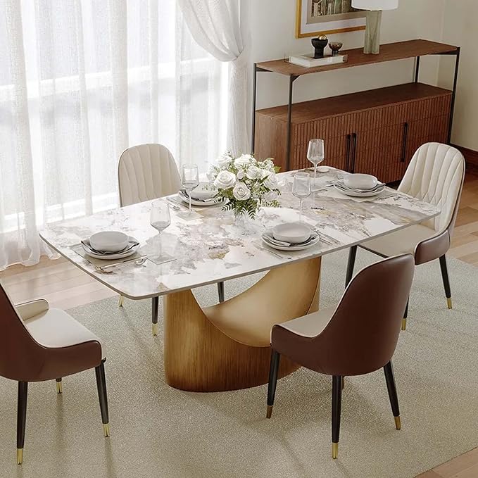 POVISON 63" Hobart Dining Table for 4, Rectangular Dining Table, Glossy Pandora Sintered Stone Tabletop with Bronze Carbon Steel Base for Dining Room (Table Only)