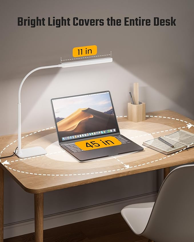 SUPERDANNY Eye-Caring LED Desk Lamp with Base 360° Flexible Gooseneck Work Lamp Touch Control 3 Light Colors Smooth Dimming Task Lighting Reading Light for Home Office College Dorm, White