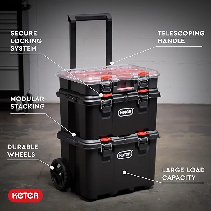 Keter Stack-n-Roll Modular Tools Organizer for Garage Storage and DIY, 3 Piece Resin Rolling Tool Box System for Small Parts, Black