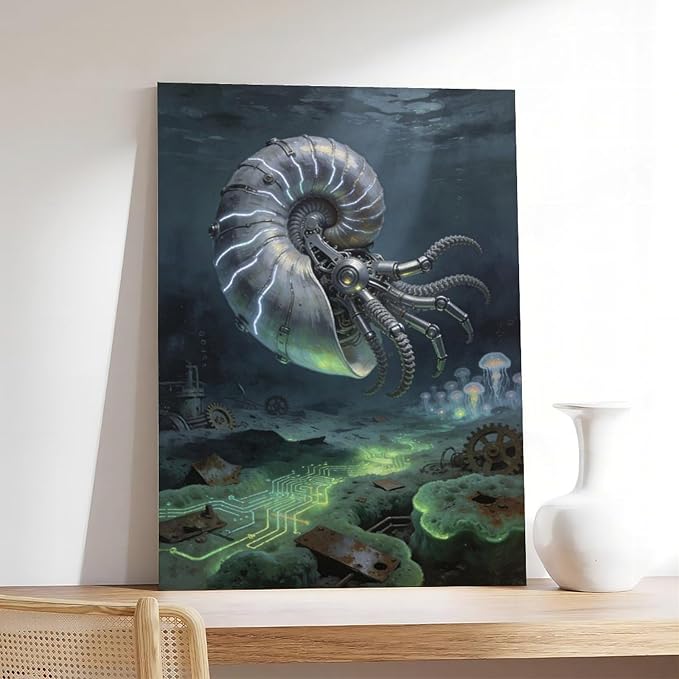 Framed Steampunk Mechanical Nautilus Wall Art - Underwater Industrial Poster for Man Cave Studio Decor 24x36inch(60x90cm)