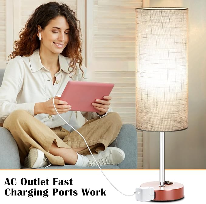ZJOJO Table Lamp for Bedroom 2 Pack,18in Bedside Lamps with 3 Way Dimmable Rocker Switch & AC Outlet,Nightstand Desk Lamp with Gray Fabric Shade Brown Base for Living Room Home Decor Lights