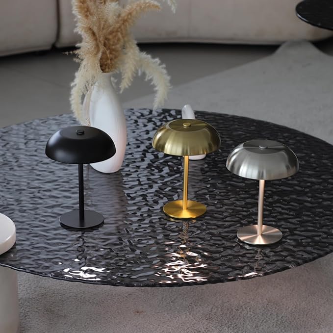 Portable LED Mushroom Table Lamp, 8.46'' Metal Small Cordless Desk Night Light with 5200mAh Rechargeable Battery, Stepless Dimming Lamp with 3 Colors for Bedroom/Bar/Coffee Shop (Gold)