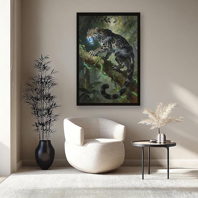 Framed Steampunk Mechanical Leopard Wall Art - Jungle Futuristic Beast Poster for Man Cave Living Room Decor 12x18in