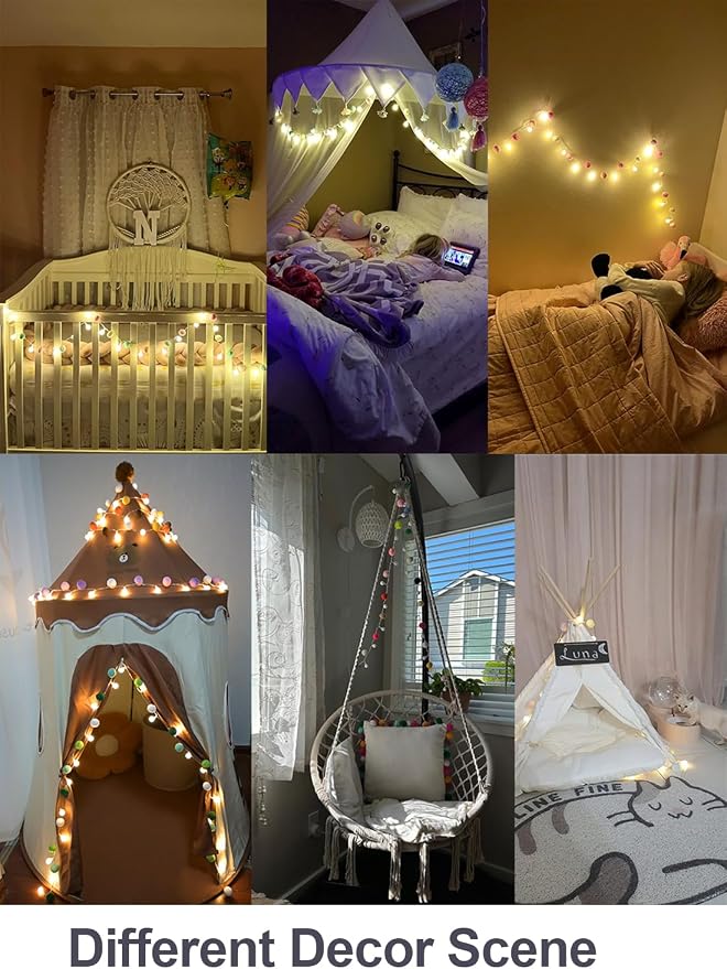 ChiRee Indoor String Lights 6.56 Feet Pom Poms Fairy Lights 20 LED Battery Operated String Ball Lights Warm White Globe Lights Colorful Decor Lights for Home Bedroom Kids Playhouse Holiday Christmas