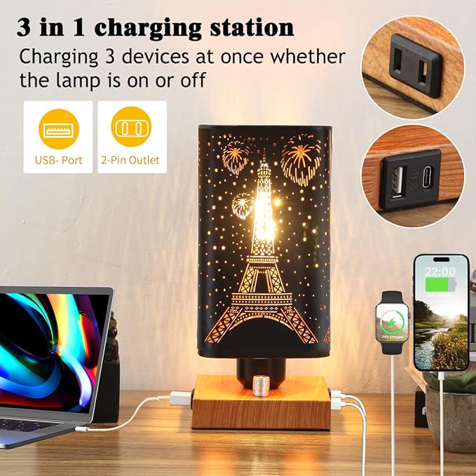 Industrial Table Lamp with USB Ports and Outlet, Rustic Dimmable Bedside lamp with Charging Station, Metal Square Shadow Nightstand Lamp, Night Light for Kids Bedroom Living Room End Tables