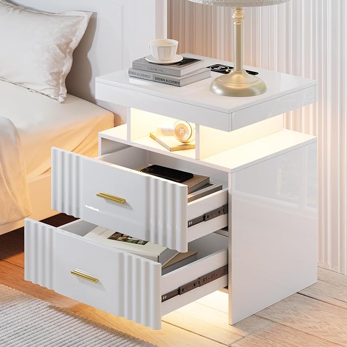 Nightstand with Wireless Charging Station, Bedroom Bedside Table with RGB Lights, Smart Night Stand with 2 Drawers, Bedside Tables Modern Bedside Table for Bedroom, Living Room(White)