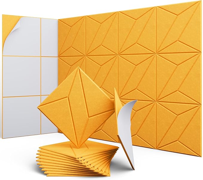 12 Pack 12" X 12" X 0.4" Acoustic Panels for Wall Sound Absorbing, P-Stripes Square Self-Adhesive Sound Panels, High Density Suitable for Multiple Scenarios(Orange)